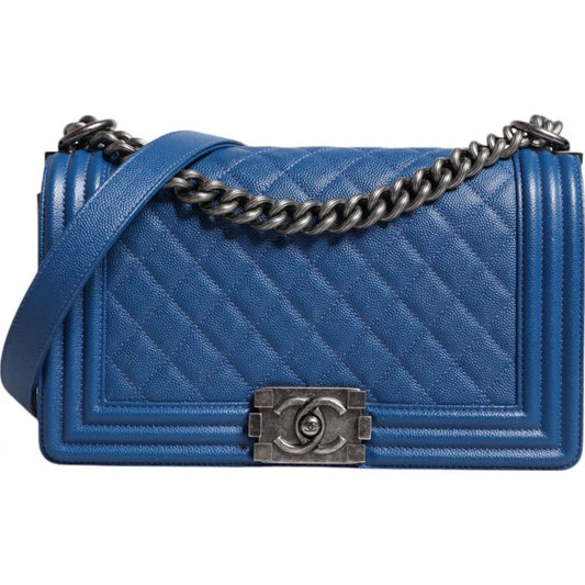 Chanel Blue Lambskin Double Chain Leather Medium Shoulder Bag Chanel