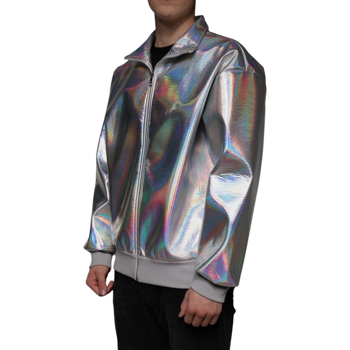 Dolce & Gabbana Silver Iridescent Full Zip Men Bomber Jacket Dolce & Gabbana