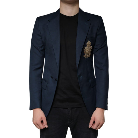 Dolce & Gabbana Blue Wool Logo Single Breasted Coat Blazer Dolce & Gabbana