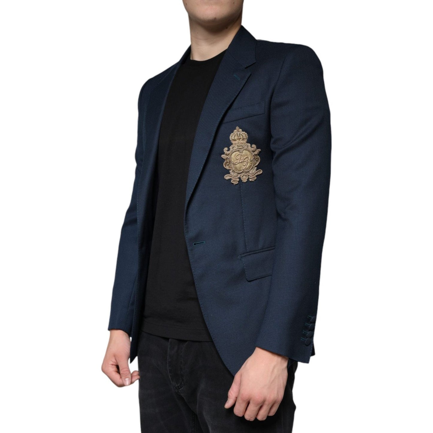 Dolce & Gabbana Blue Wool Logo Single Breasted Coat Blazer Dolce & Gabbana