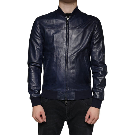 Dolce & Gabbana Blue Lambskin Leather Full Zip Biker Jacket Dolce & Gabbana