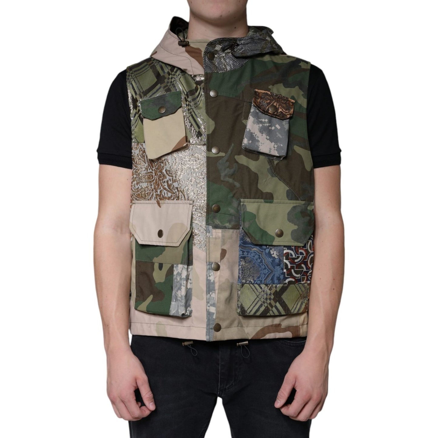 Dolce & Gabbana Multicolor Patchwork Hooded Vest Jacket Dolce & Gabbana