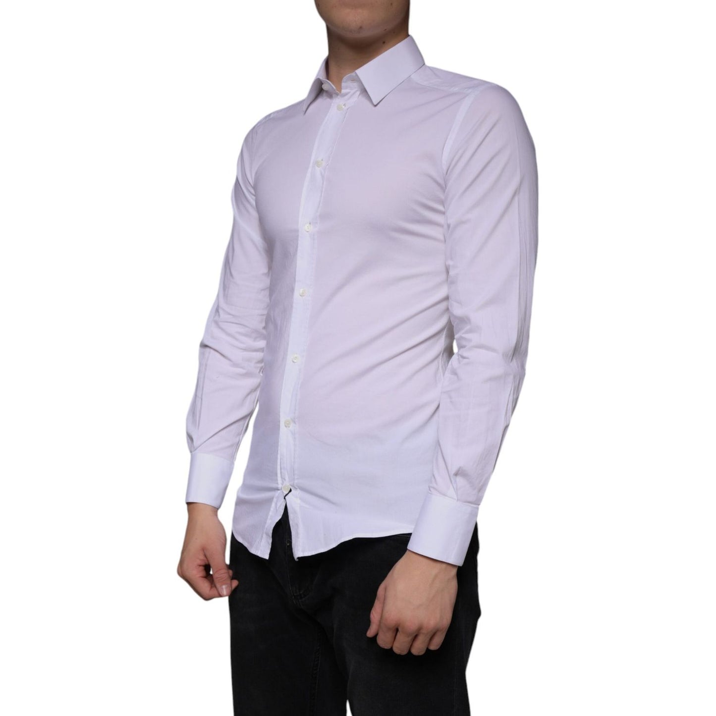 Dolce & Gabbana White Cotton Stretch Dress GOLD Formal Shirt Dolce & Gabbana