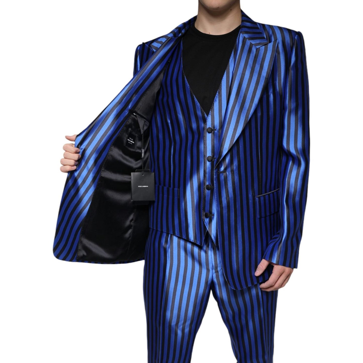 Dolce & Gabbana Metallic Blue Stripes Formal 3 Piece Suit Dolce & Gabbana