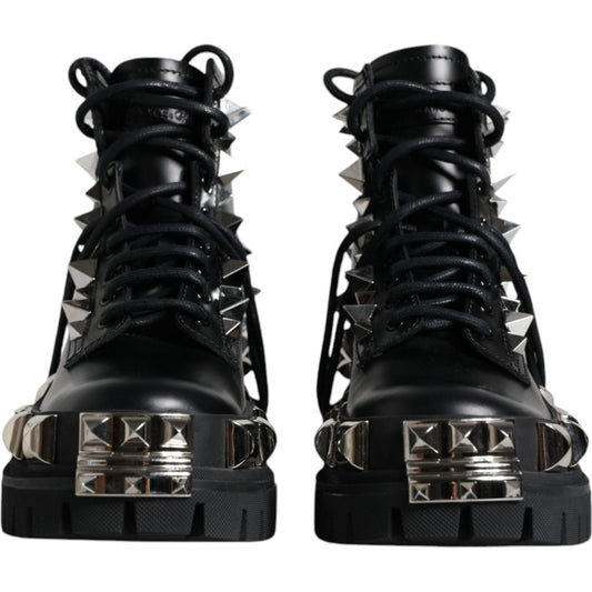 Dolce & Gabbana Black Leather Studded Trekking Boots Shoes Dolce & Gabbana