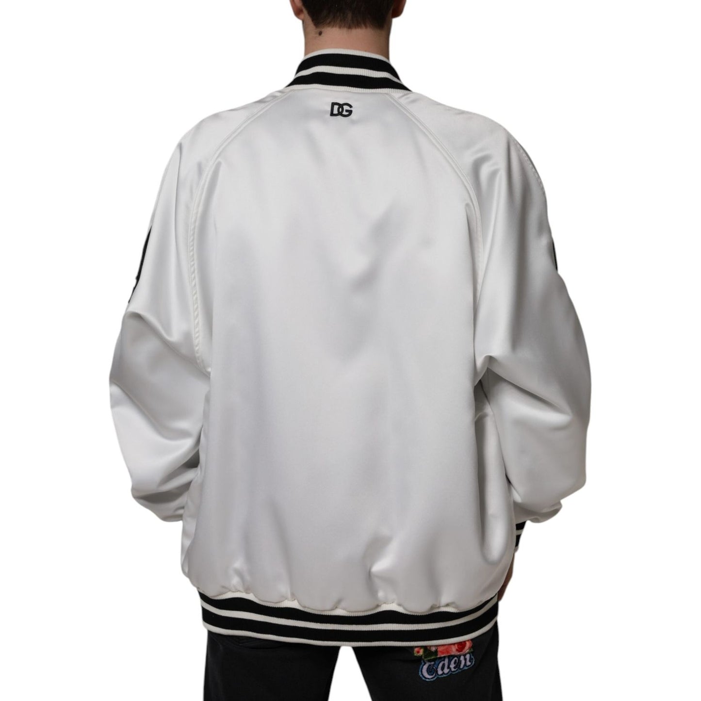 Dolce & Gabbana White Polyester Logo Full Zip Bomber Jacket Dolce & Gabbana