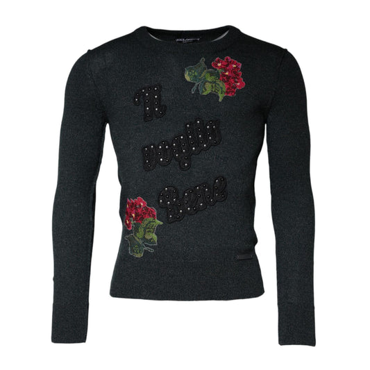 Dolce & Gabbana Gray Embellished Crew Neck Pullover Sweater Dolce & Gabbana