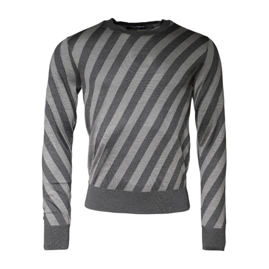 Dolce & Gabbana Gray Stripes Long Sleeve Round Neck Pullover Sweater Dolce & Gabbana