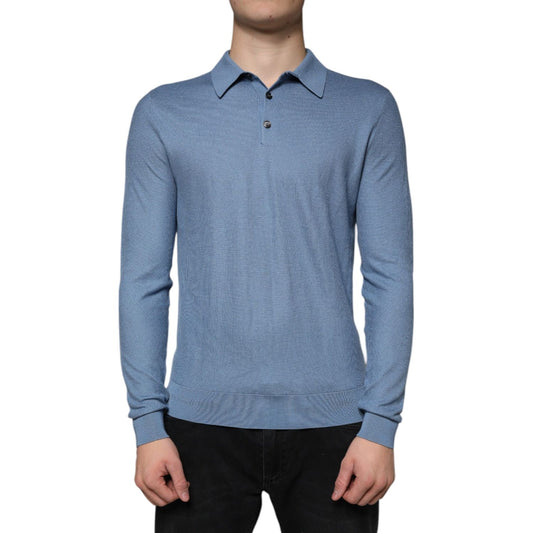 Dolce & Gabbana Sky Blue Silk Collared Men Pullover Sweater Dolce & Gabbana