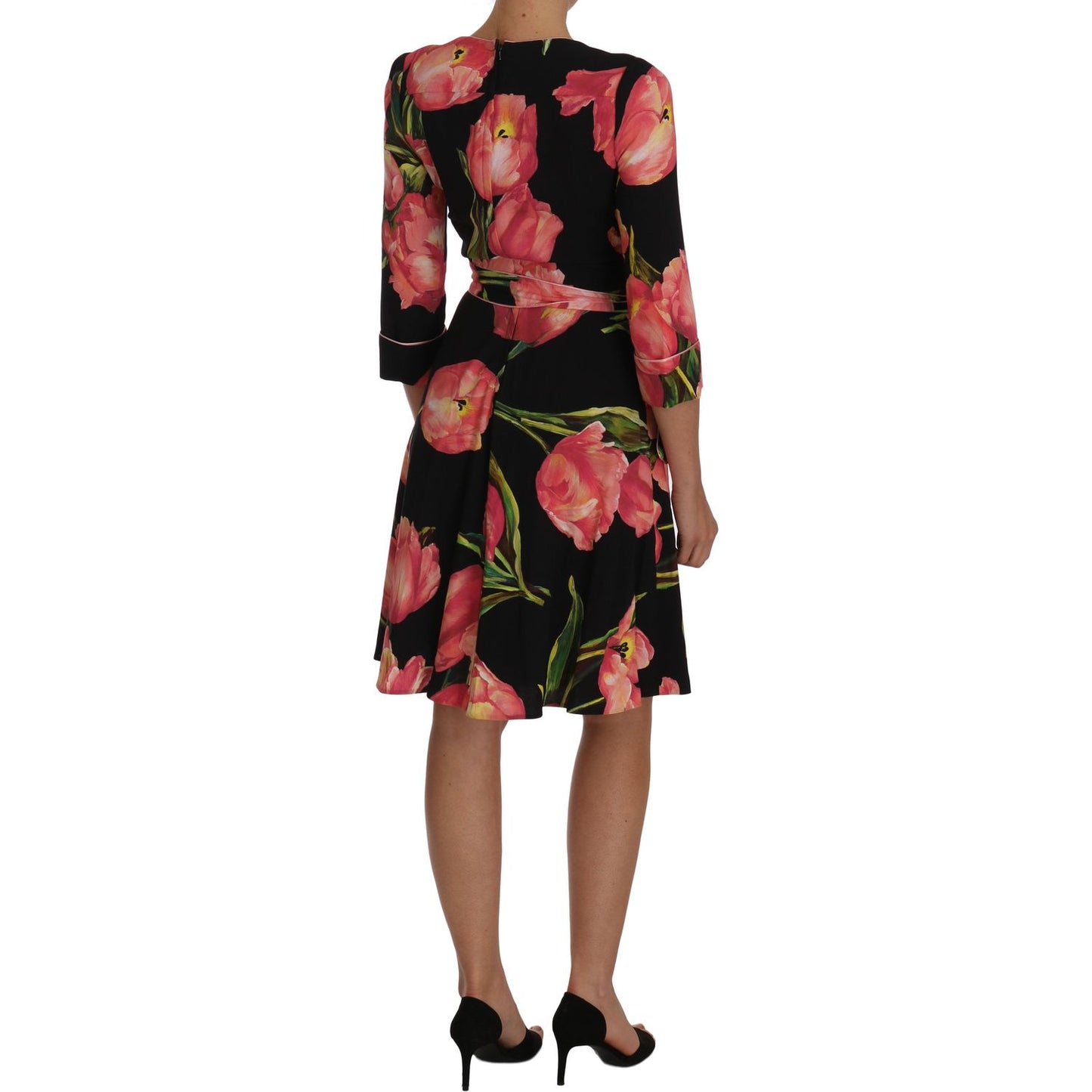 Dolce & Gabbana Elegant Black Shift Dress with Pink Tulips Print Dolce & Gabbana