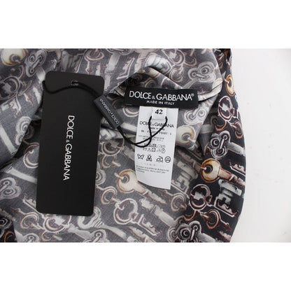 Dolce & Gabbana Gray Gold Key Print Silk Blouse T-shirt
