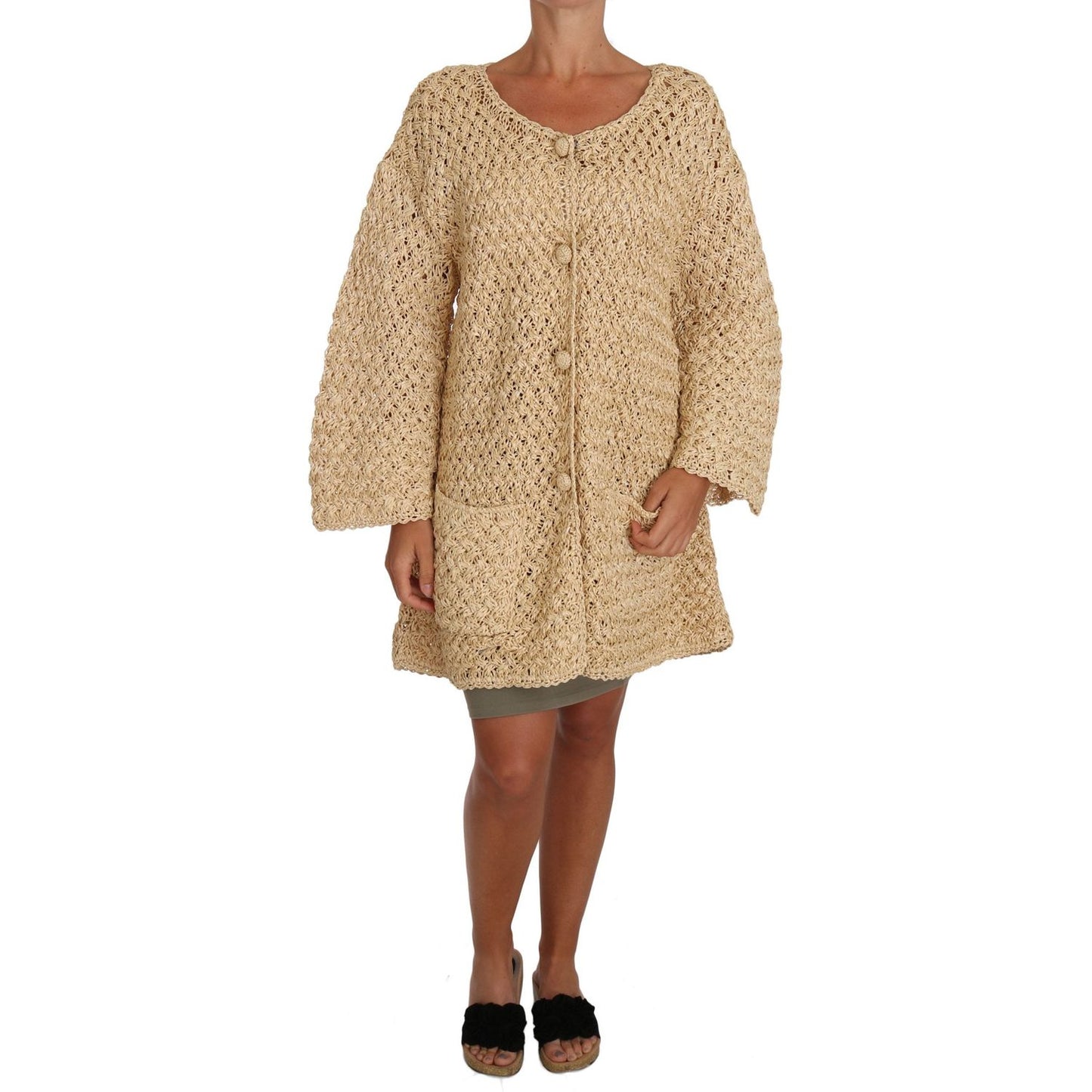 Dolce & Gabbana Chic Beige Crochet Knitted Raffia Cardigan Dolce & Gabbana