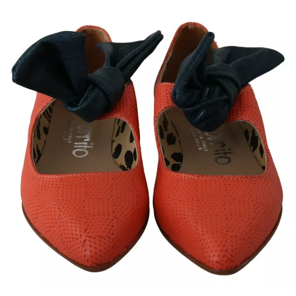 EBARRITO Orange Leather Bow Slip-on Loafers Ballet Flat Shoes