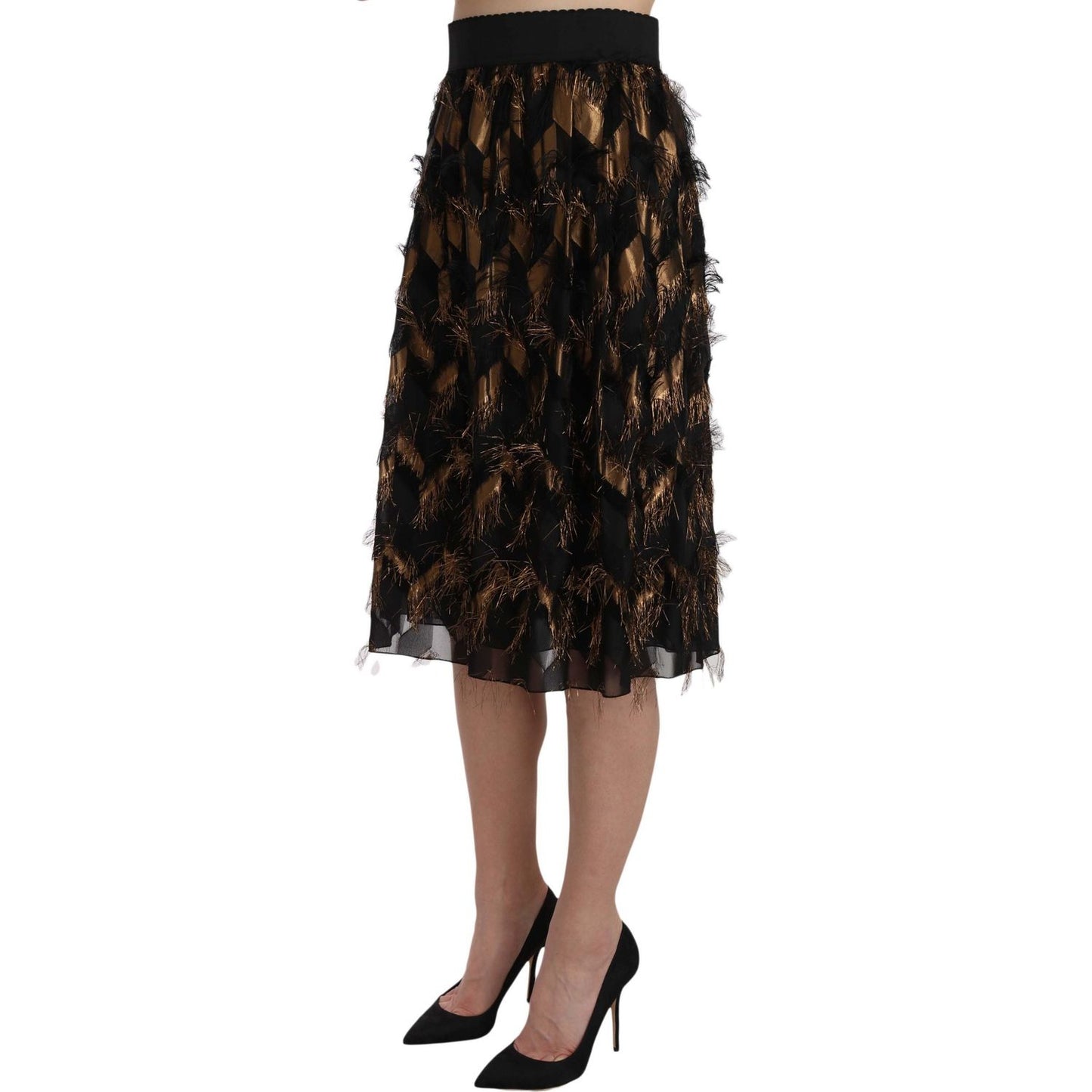 Dolce & Gabbana Elegant Gold Black Silk Blend High Waist Skirt Dolce & Gabbana