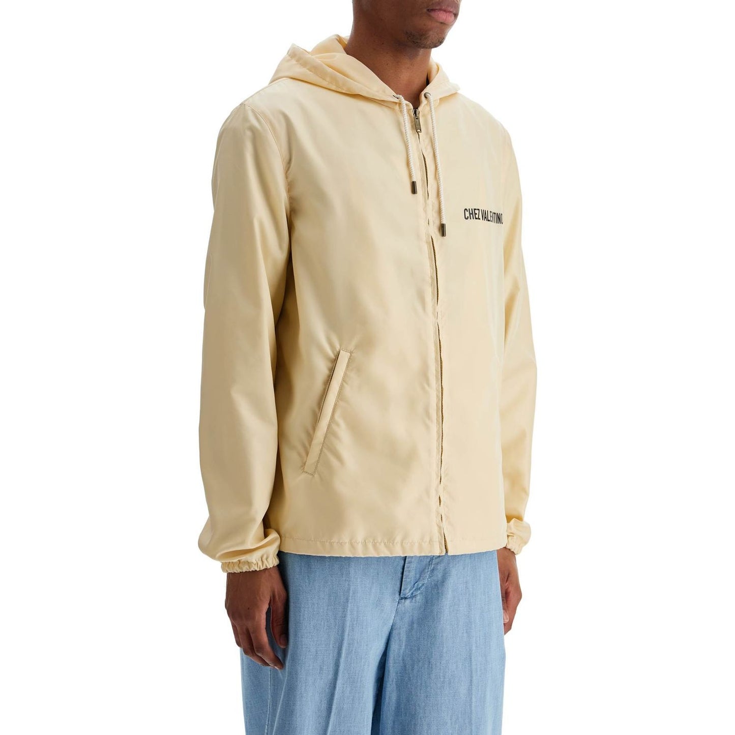 Valentino Garavani beige hooded windbreaker in logoed polyamide