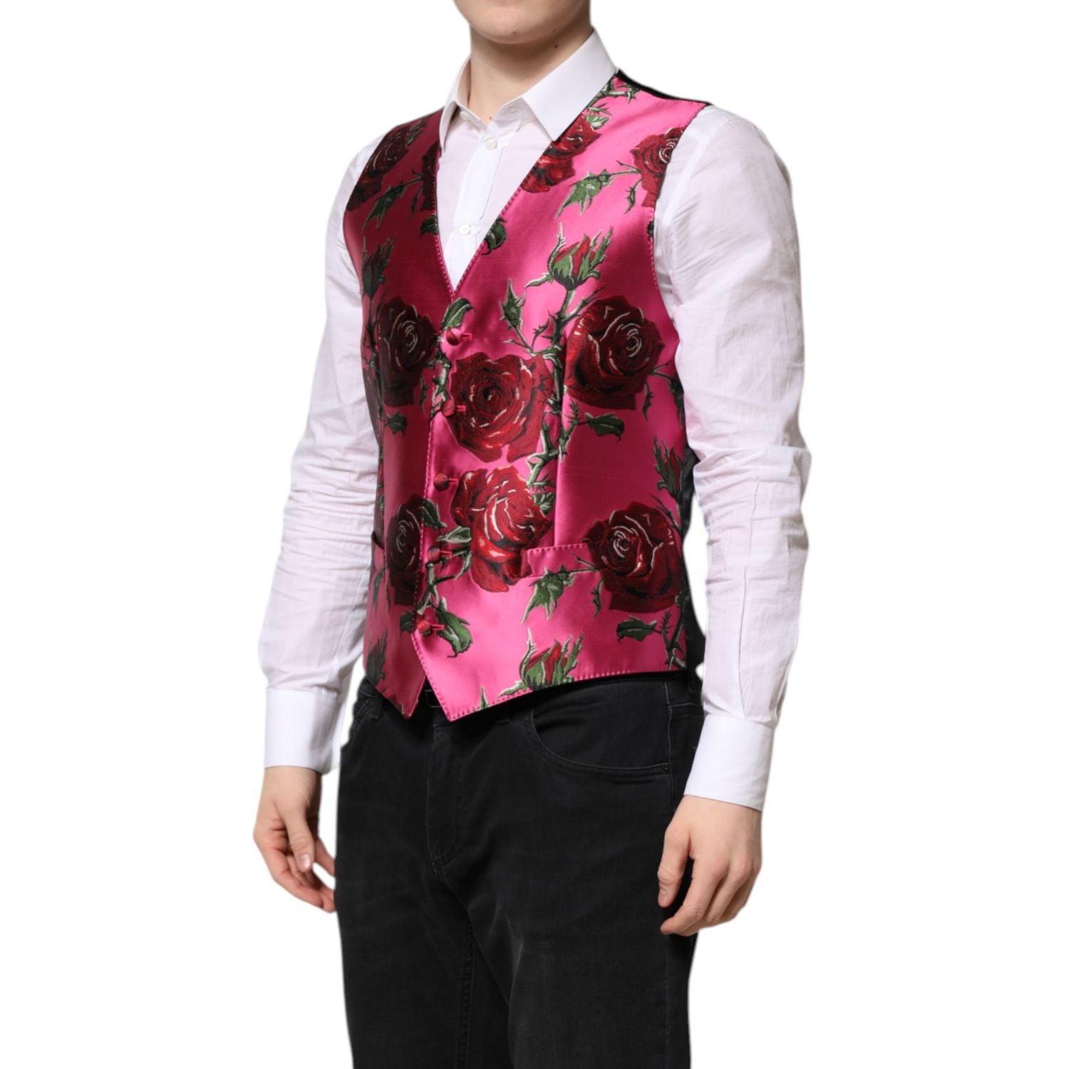 Dolce & Gabbana Pink Floral Satin Formal Men Waistcoat Vest