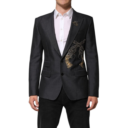 Dolce & Gabbana Dark Gray Bee Embroidery Wool Coat Blazer Dolce & Gabbana
