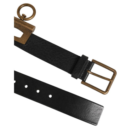 Dolce & Gabbana Black Leather Side Rings Brass Buckle Belt