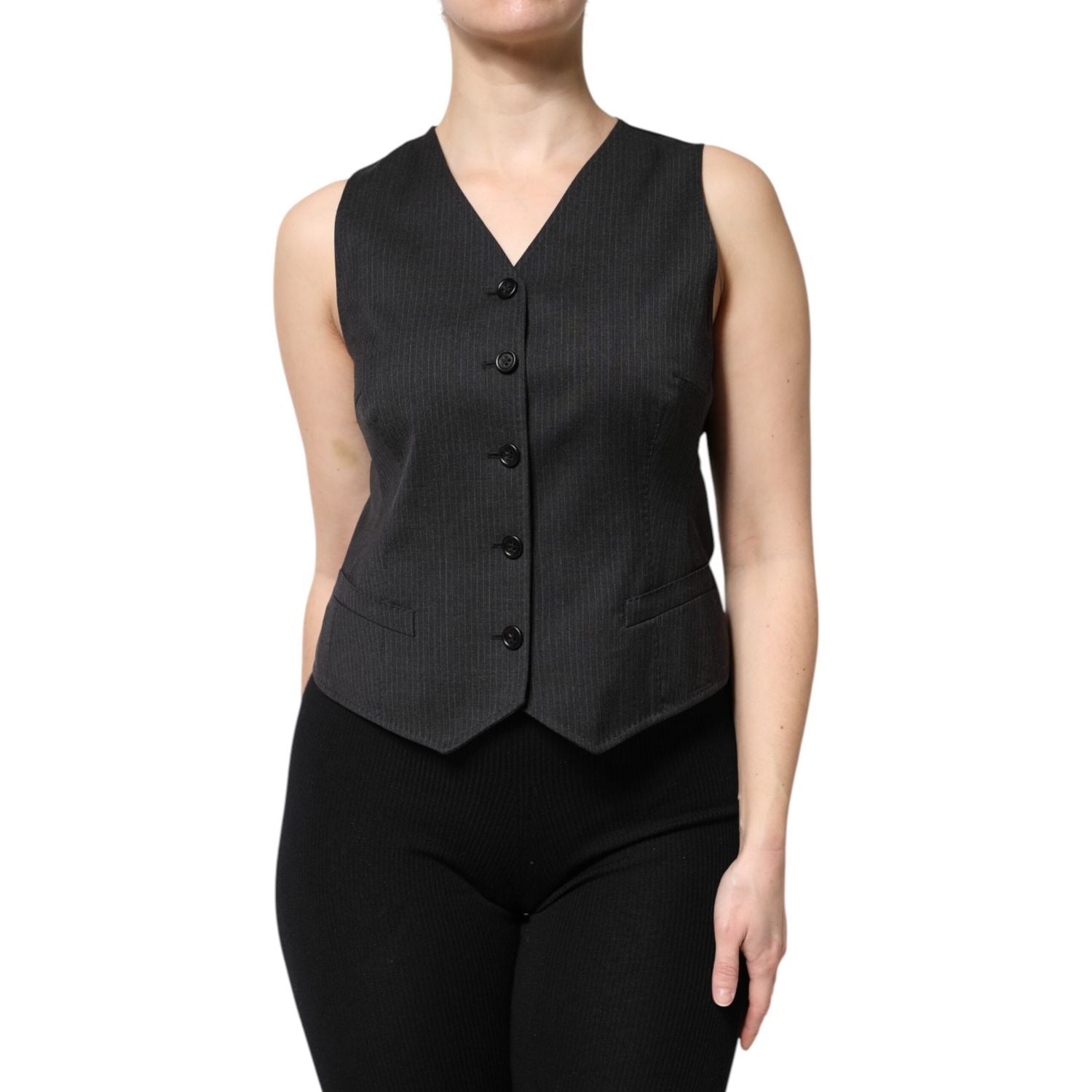 Dolce & Gabbana Black Striped Button Down Sleeveless Vest Top