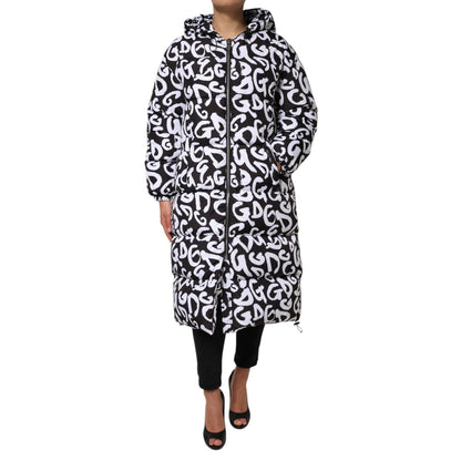 Dolce & Gabbana Black White DG Mania Hooded Long Coat Jacket