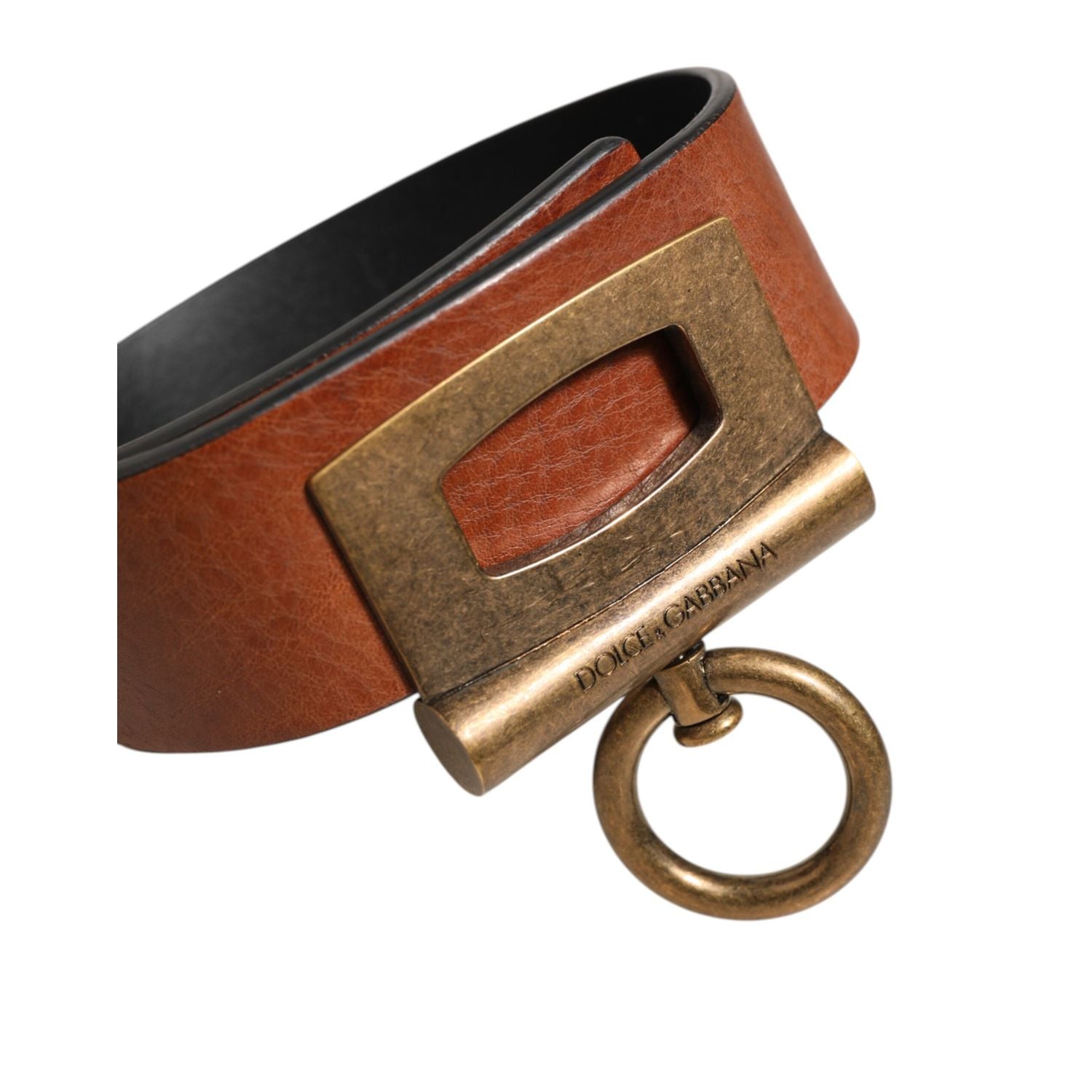 Dolce & Gabbana Brown Leather Side Rings Brass Buckle Belt