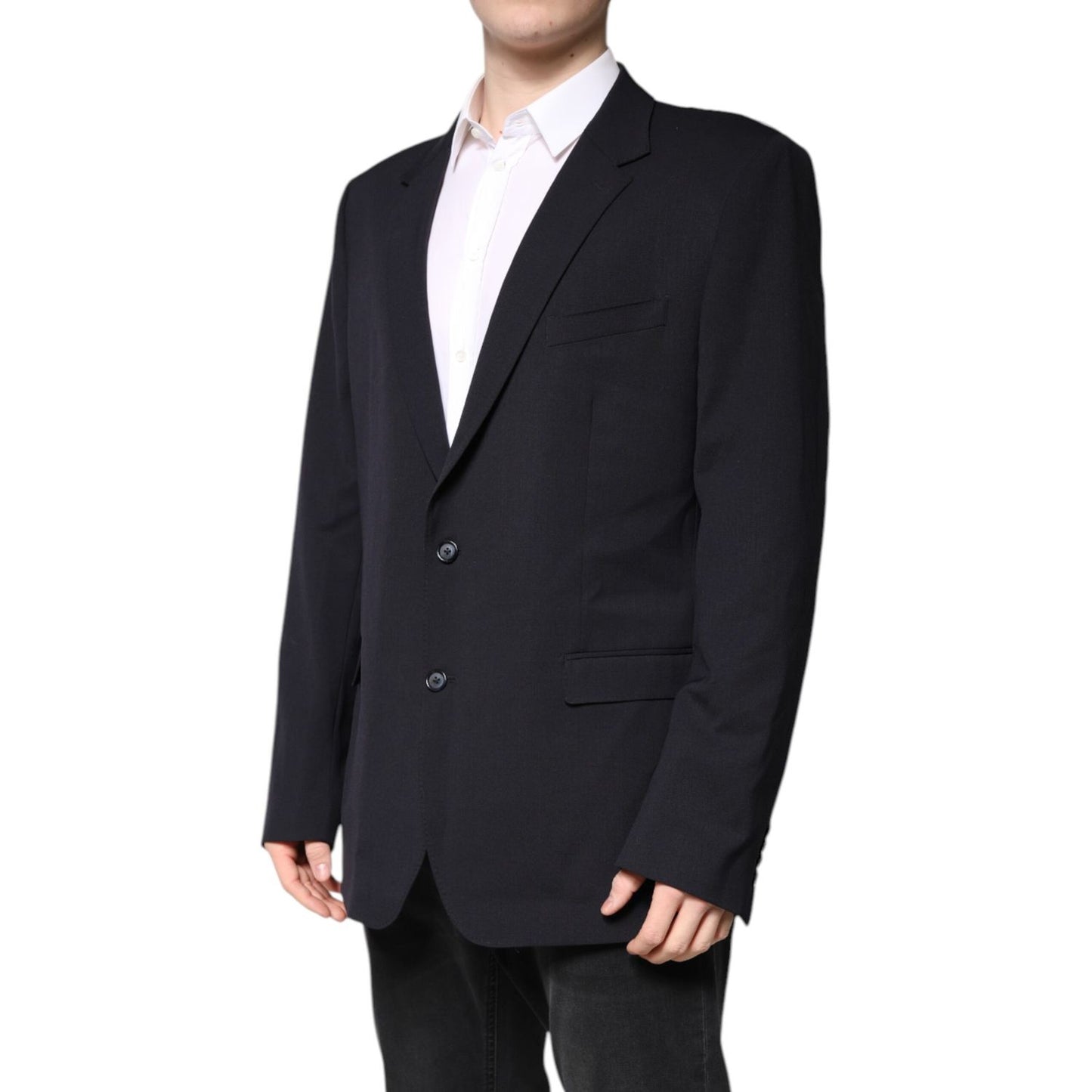 Dolce & Gabbana Dark Blue Wool Single Breasted Coat Blazer Dolce & Gabbana