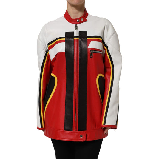 Dolce & Gabbana Multicolor Leather Biker Full Zip Coat Jacket Dolce & Gabbana