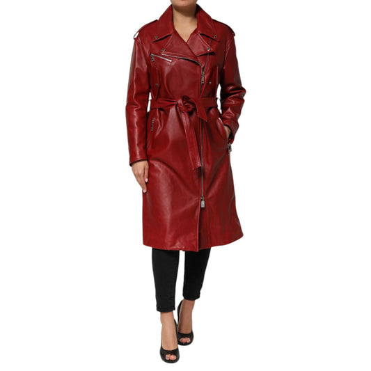Dolce & Gabbana Red Leather Belted Full Zip Trench Coat Jacket Dolce & Gabbana