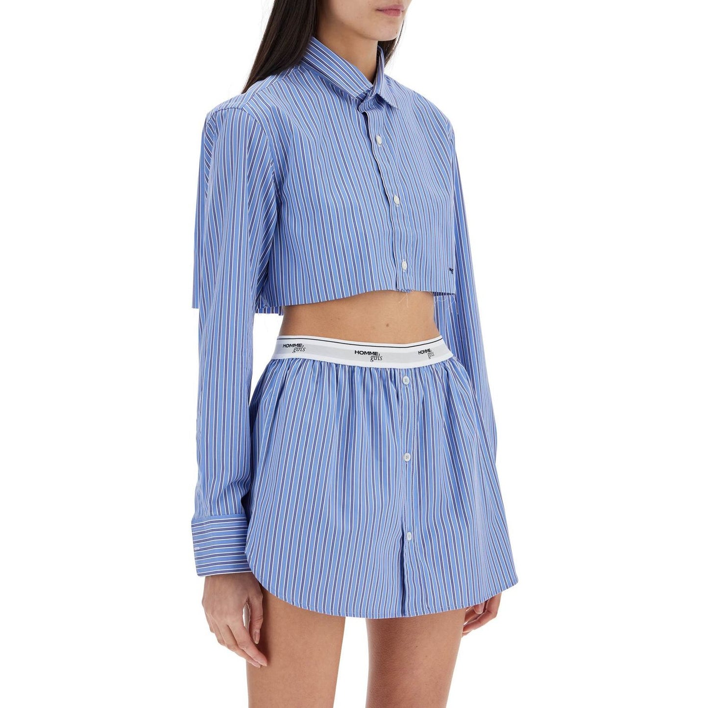 Homme Girls super cropped blue striped cotton shirt